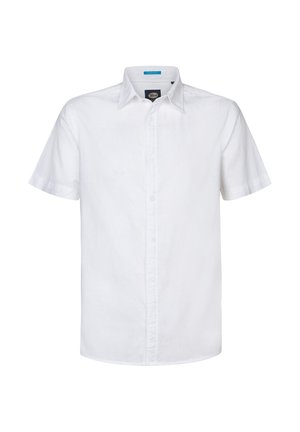 Weißes kurzärmliges Hemd aus Leinen mit einem Button-Down-Kragen. Verfügt über einen geraden Schnitt und eine vordere Knopfschließe. Glatte Textur, keine Muster.