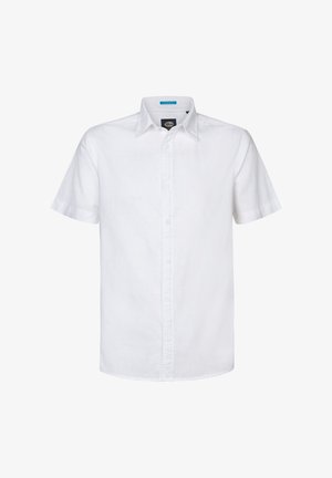 Weißes kurzärmliges Hemd aus Leinen mit einem Button-Down-Kragen. Verfügt über einen geraden Schnitt und eine vordere Knopfschließe. Glatte Textur, keine Muster.