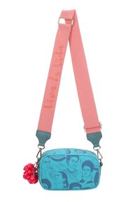 Borsa di tessuto color turchese con stampe di volti blu, tracolla regolabile rosa etichettata "Viva la Vida" e accentuazione floreale rosa. Chiusura con zip sulla parte superiore.