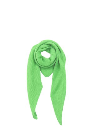 Bright green knitted scarf folded with pointed ends, showing textured fabric against white background.