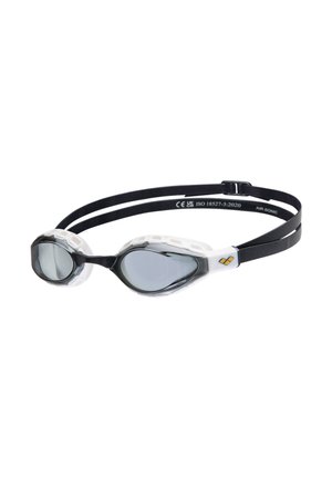Gafas de natación en blanco y negro con lentes transparentes curvas, correas ajustables y bordes de goma texturizados para mayor comodidad y ajuste.