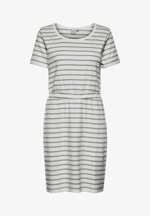 Prugasta haljina kratkih rukava u bijeloj i sivoj boji, s elastičnim pojasom za prilagođeni oblik. Napravljena od mekog, laganog materijala.