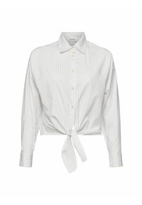 Chemise blanche à manches longues avec des rayures verticales fines et un nœud à l'avant au niveau de l'ourlet.