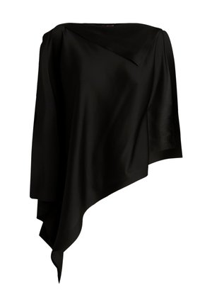 Top nero asimmetrico con maniche lunghe, tessuto drappeggiato e orlo irregolare che si assottiglia verso un'estremità appuntita.