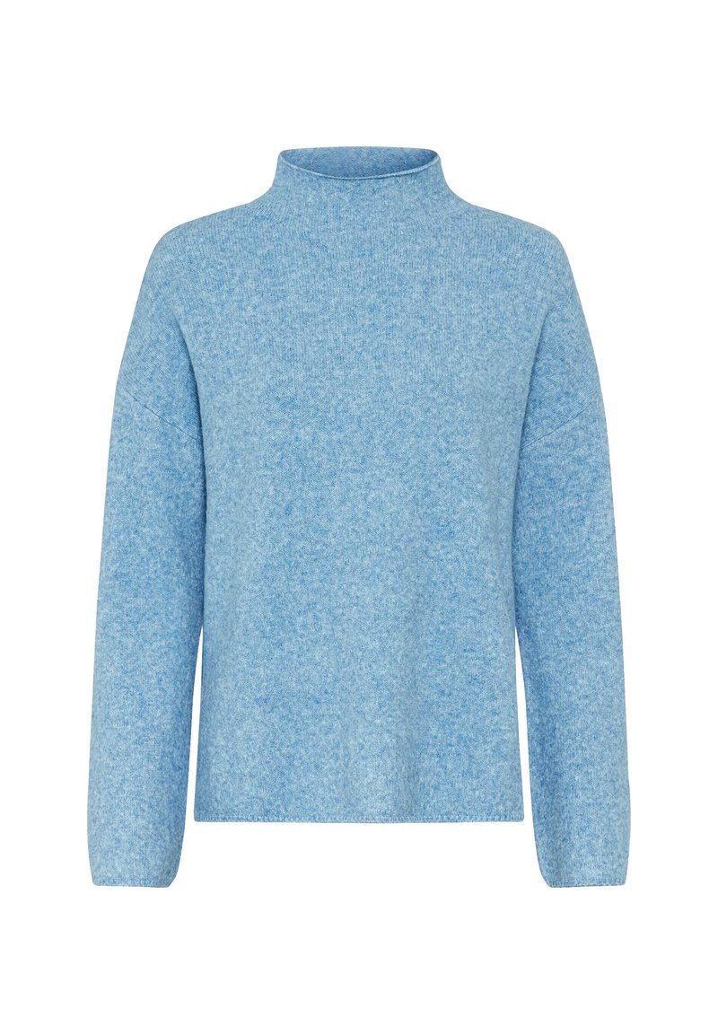 Hellblau gestrickter Pullover mit hohem Ausschnitt und langen Ärmeln. Weiche Textur und lockere Passform, mit einem subtilen melierten Muster.