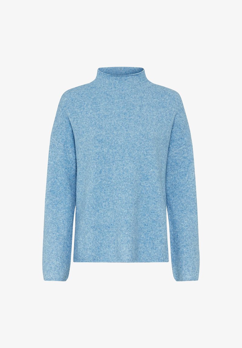 Pull en tricot bleu clair avec un col montant et des manches longues. Texture douce et coupe ample, présentant un motif chiné subtil.