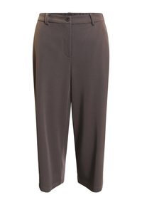 Bruna byxor av slät tyg, med knappstängning, bältesöglor och sidofickor i rak modell.