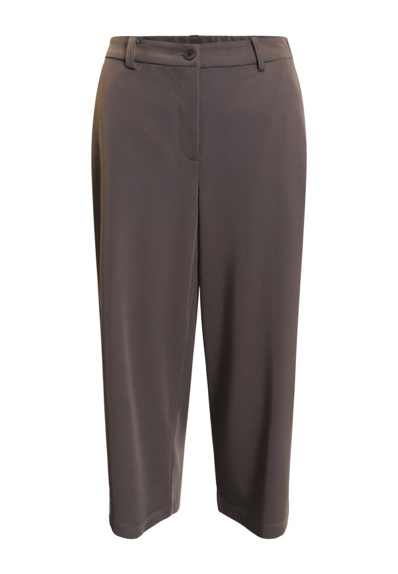Bruna byxor av slät tyg, med knappstängning, bältesöglor och sidofickor i rak modell.
