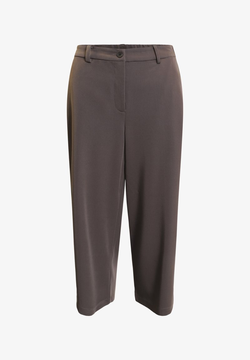 Bruna byxor av slät tyg, med knappstängning, bältesöglor och sidofickor i rak modell.