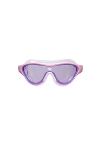 Zwemgoggles met een transparant frame, roze accenten en getinte paarse lenzen. Gladde randen en een comfortabel passend ontwerp.