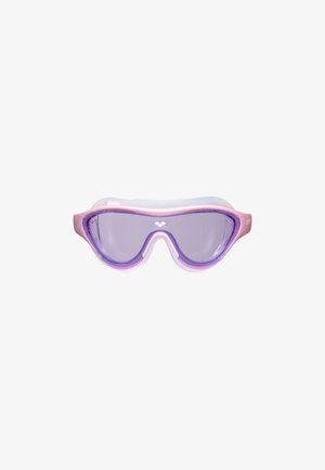 Gafas de natación con un marco transparente, acentos en rosa y lentes morados tintados. Bordes suaves y un diseño de ajuste cómodo.