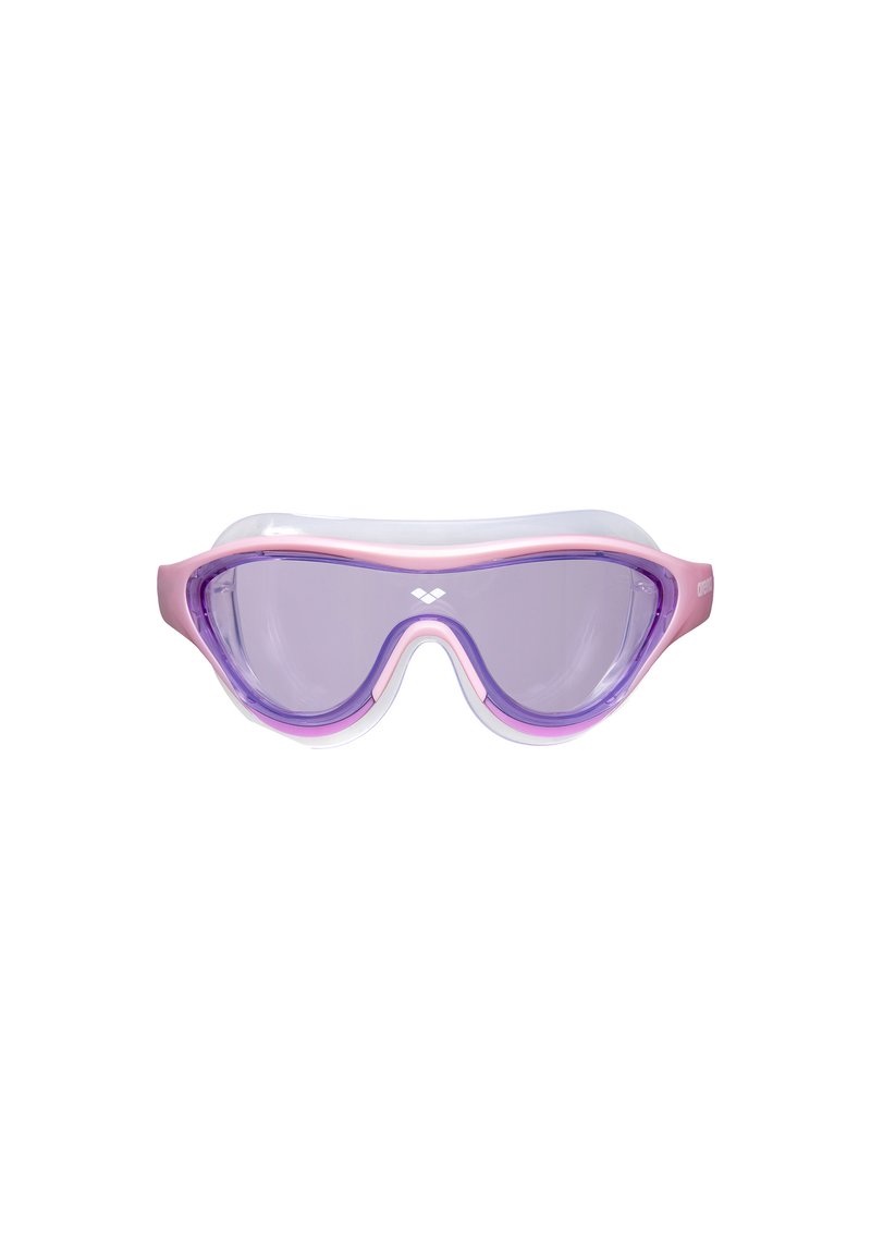 Zwemgoggles met een transparant frame, roze accenten en getinte paarse lenzen. Gladde randen en een comfortabel passend ontwerp.