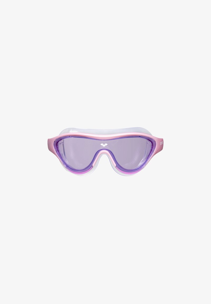 Zwemgoggles met een transparant frame, roze accenten en getinte paarse lenzen. Gladde randen en een comfortabel passend ontwerp.