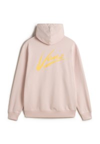 Felpa con cappuccio rosa chiaro, caratterizzata da un grande logo giallo "Vans" sul retro. Presenta un cappuccio con cordino e polsini e orlo a coste per un maggiore comfort.
