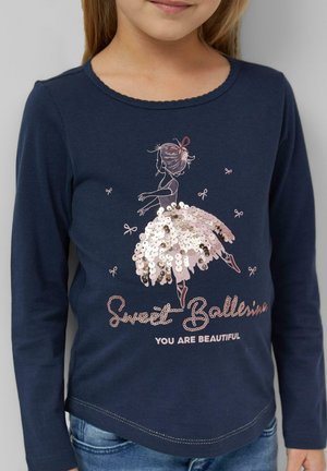 Navy blue long-sleeve shirt featuring a sequined ballerina graphic with a tulle skirt, accented by the text "Sweet Ballerina" in shiny lettering.