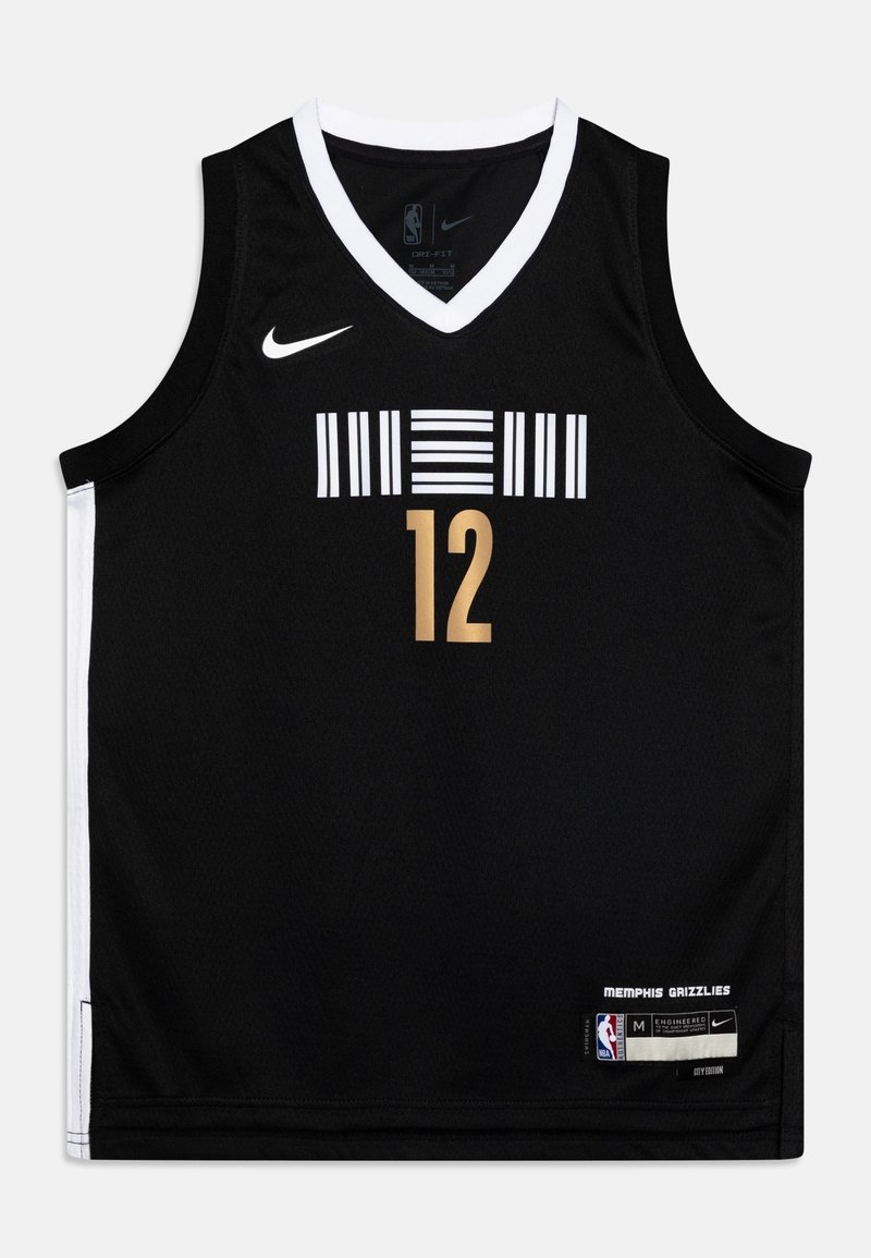 Černý basketbalový dres s designem ve tvaru V, bílými detaily a zlatým číslem "12". Obsahuje také vertikální a horizontální pruhované vzory.