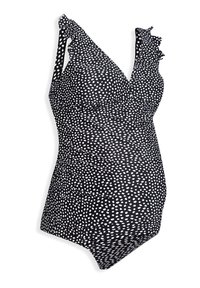Costume da bagno intero premaman nero con pois bianchi, spalline arricciate e tessuto gathering sul corpo.