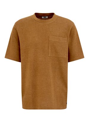 Brūnas krāsas īsroku T-krekls no teksturētas auduma, ar apaļu kakla izgriezumu un kreisās krūtis kabatu. Vienkāršs dizains ar brīvu piegriezumu.