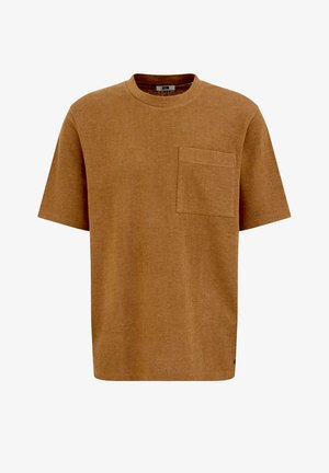 Pruun lühikeste varrukatega T-särk tekstuurse kangaga, millel on ümmargune kaelus ja vasakul rinnal tasku. Lihtne disain ja lõdvestunud istuvus.