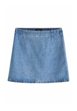 Mini-jupe en denim bleu avec passants de ceinture et ourlet droit, étiquette "NEXT" à l'intérieur de la ceinture.