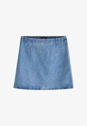 Minigonna di jeans blu con passanti per cintura e orlo dritto, etichetta "NEXT" all'interno della cintura.