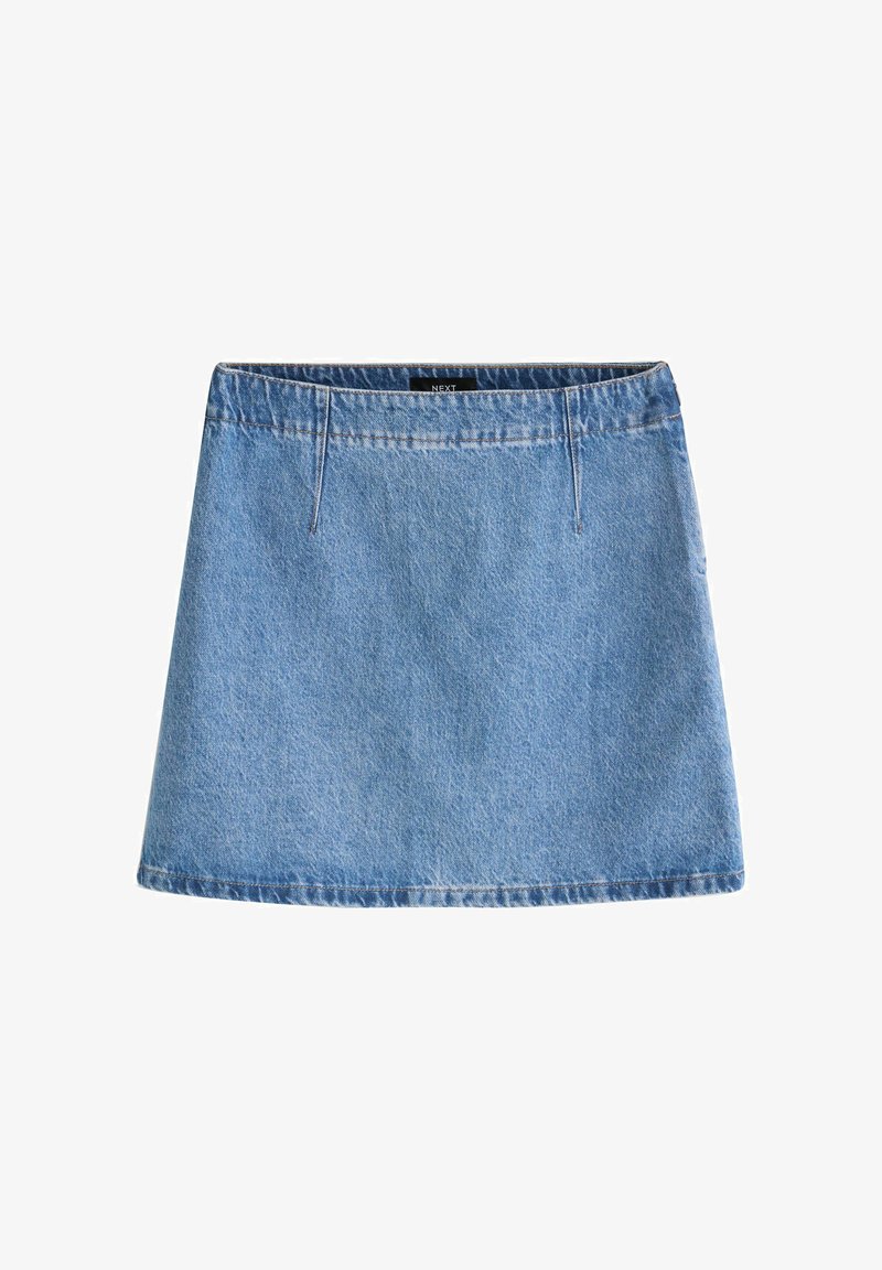Mini-jupe en denim bleu avec passants de ceinture et ourlet droit, étiquette "NEXT" à l'intérieur de la ceinture.