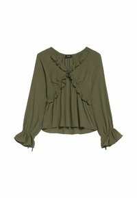 Oliwkowa bluzka z długim rękawem, ozdobiona falbanką na dekolcie i przodzie. Posiada plisowany materiał i ściągane mankiety. Lekki materiał.
