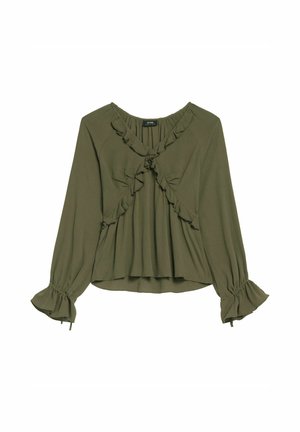 Oliwkowa bluzka z długim rękawem, ozdobiona falbanką na dekolcie i przodzie. Posiada plisowany materiał i ściągane mankiety. Lekki materiał.