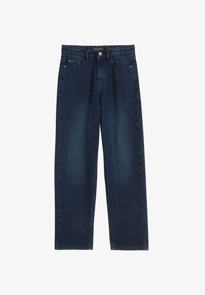 Ciemnoniebieskie, wysokogatunkowe dżinsy z prostymi nogawkami, z pięcioma kieszeniami i metalowym zapięciem. Gładka tekstura bez wzorów.