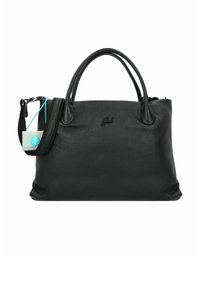 Bolso de mano de cuero negro con un acabado texturizado, que cuenta con dos asas superiores y una correa de hombro desmontable. Incluye un acento de logo y etiqueta.