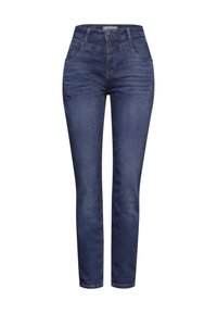 Dark blue denim skinny jeans with high waist, classic five-pocket design, and subtle fading details on the front and back.