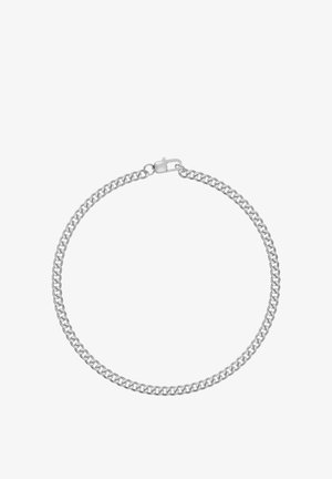 Zilverkleurige metalen ketting met in elkaar grijpende platte schakels en een karabijnsluiting op een witte achtergrond.