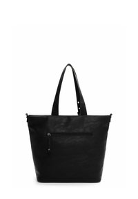 Mustast kunstnahast tote-kott, millel on tekstureeritud pind, kahekordsed sangad ja esine lukuga tasku. Omab avarat ja lihtsat disaini.