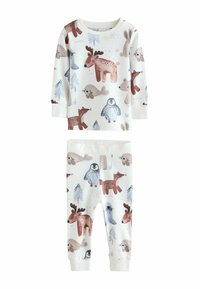 White pajama set featuring long-sleeve top and leggings, adorned with colorful illustrations of animals and trees in brown, blue, and gray hues.
