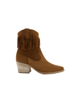 Brown suede ankle boot with stacked heel, pointed toe, and fringe detail around the upper edge.
