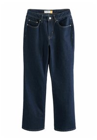 Mörkblå denimjeans med avslappnad passform, raka ben, tre fickor och sömdetaljer. Har knappstängning och bältesslingor.