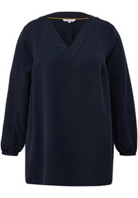 Mornarica bluza od mekanog materijala s V-izrezom i dugim, blago nabranim rukavima; sadrži minimalistički dizajn bez uzoraka ili akcenta.