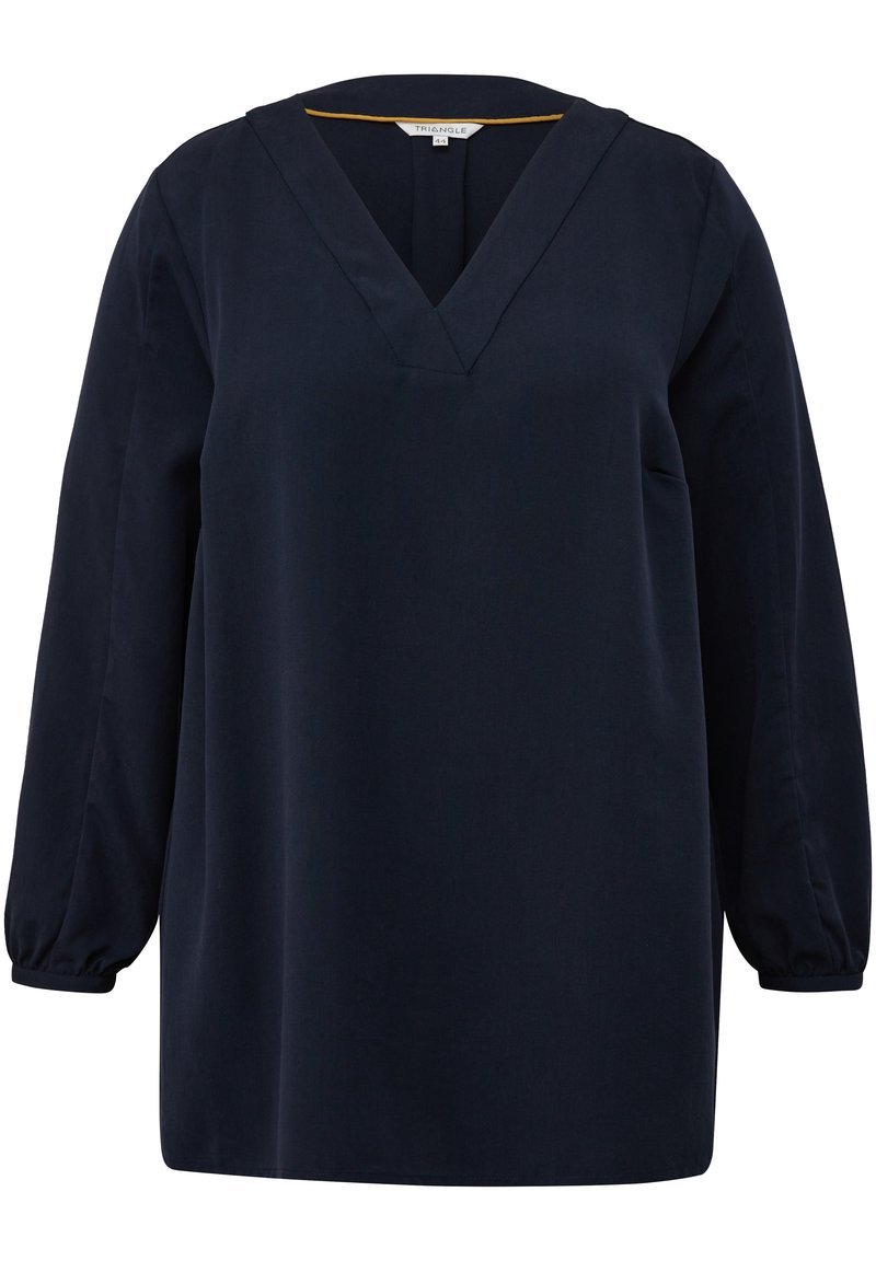Mornarica bluza od mekanog materijala s V-izrezom i dugim, blago nabranim rukavima; sadrži minimalistički dizajn bez uzoraka ili akcenta.