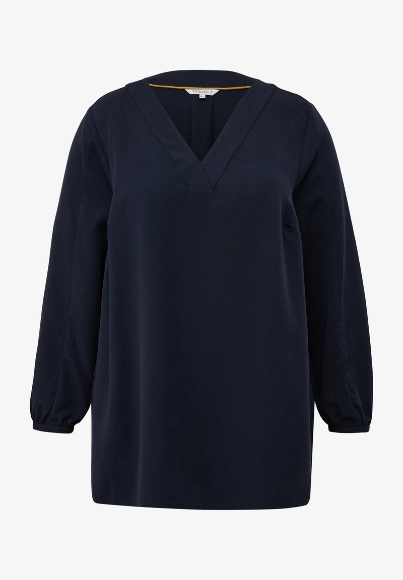 Navybluse aus weichem Material mit V-Ausschnitt und langen, leicht gerüschten Ärmeln; minimalistisches Design ohne Muster oder Akzente.