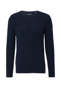 Dunkelblauer Strickpullover mit Rundhalsausschnitt, langen Ärmeln, gerippten Bündchen und Saum, der dezente Markenkennzeichnung am linken Ärmel aufweist.