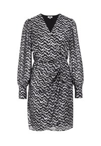 Black and white chevron-patterned dress with long puff sleeves, a V-neckline, and a cinched waist. Made from lightweight, sheer material.