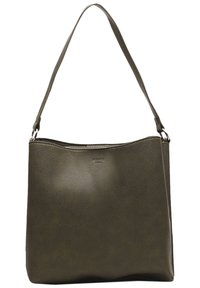 Alyvuogių žalios odinės petinės rankinės su tekstūruotu paviršiumi, plokščiu dizainu, vienu petiniu dirželiu ir subtiliu logotipu priekyje.