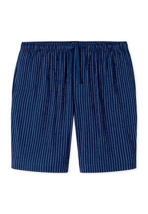 Mørkeblå shorts med hvide lodrette nålestriber, elastisk talje og snørebånd foran.