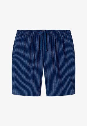 Marineblaue Shorts mit weißen vertikalen Nadelstreifen, elastischem Bund und vorderer Kordel zum Binden.