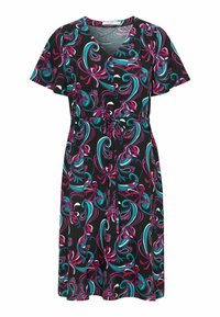 Sort floral kjole med korte ærmer, der har et levende pink og teal svajende mønster, en indsnævret talje og knaplukning foran.