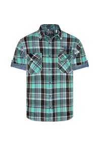Kratka srajca s kratkimi rokavi v tealinasti, črni in beli barvi. Ima dve žepni krožnici na prsih, ovratnik z gumbi in denimske detajle na rokavih.
