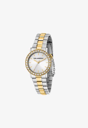 Orologio in metallo argento e oro con quadrante rotondo bianco, ghiera tempestata di cristalli e bracciale a maglie con accenti alternati in oro e argento.