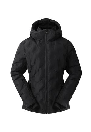 Zwarte geïsoleerde jas met een gewatteerd ontwerp, ritssluiting aan de voorkant en een capuchon. Beschikt over zijzakken en een gladde textuur.