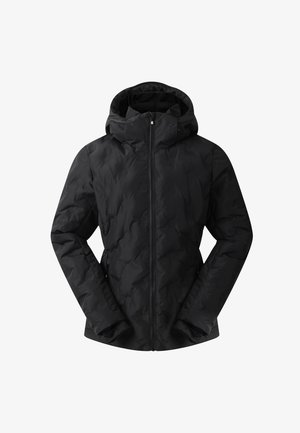 Mustaanerityllä vuorilla varustettu takki, jossa on neliskanttinen muotoilu, vetoketjukiinnitys edessä ja hupulla. Ominaisuuksiin kuuluu sivutaskut ja sileä pinta.