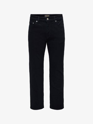 Jean noir à jambe droite avec fermeture bouton et fermeture éclair, passants de ceinture et design à cinq poches, étiqueté Only & Sons.